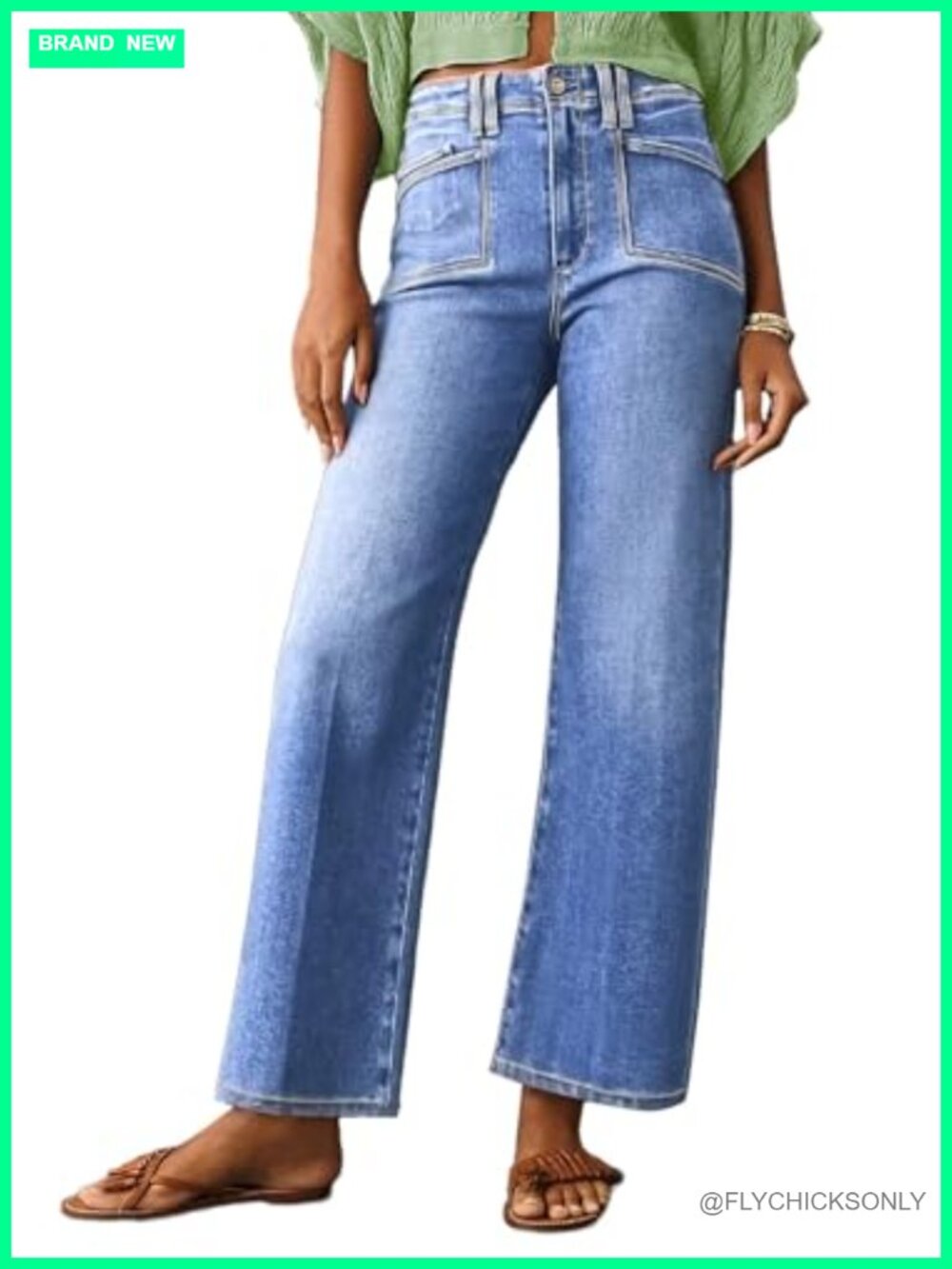 Astylish Womens Wide Leg High Waisted Stretchy Buttoned Denim Jeans with Pockets